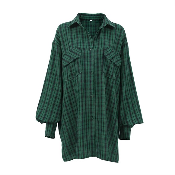 NOT IN LIVE SHOW Oversized green Plaid Flannel button Influencer long sleeve 90s - Picture 6 of 10